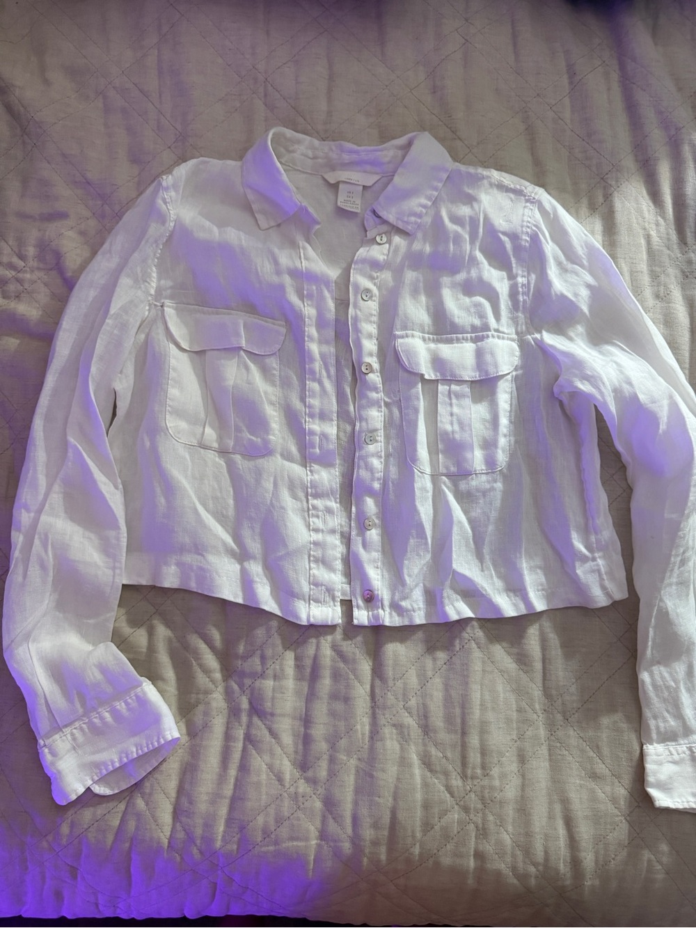 Women's White 100% linen Cropped Button-Front shirt